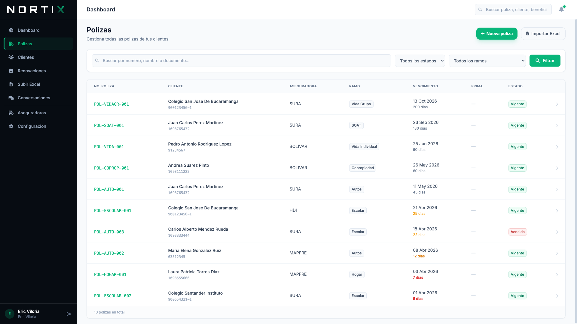 Gestion de polizas en Nortix