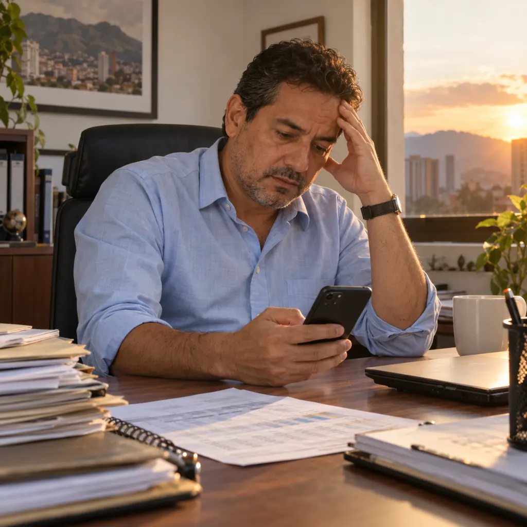 Asesor de seguros cansado revisando pólizas y mensajes al final del día