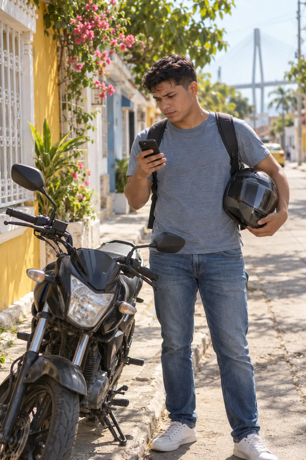 Motociclista leyendo un recordatorio de SOAT en su celular